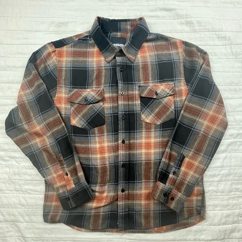 RSQ Black/Copper/Grey Plaid Flannel Shirt 2 Pockets Medium